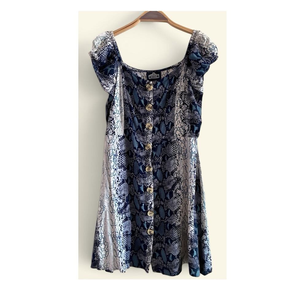 ANGIE Teal Blue Animal Print BOHO Mini Dress Soft Rayon Sz L ( fits like Medium)